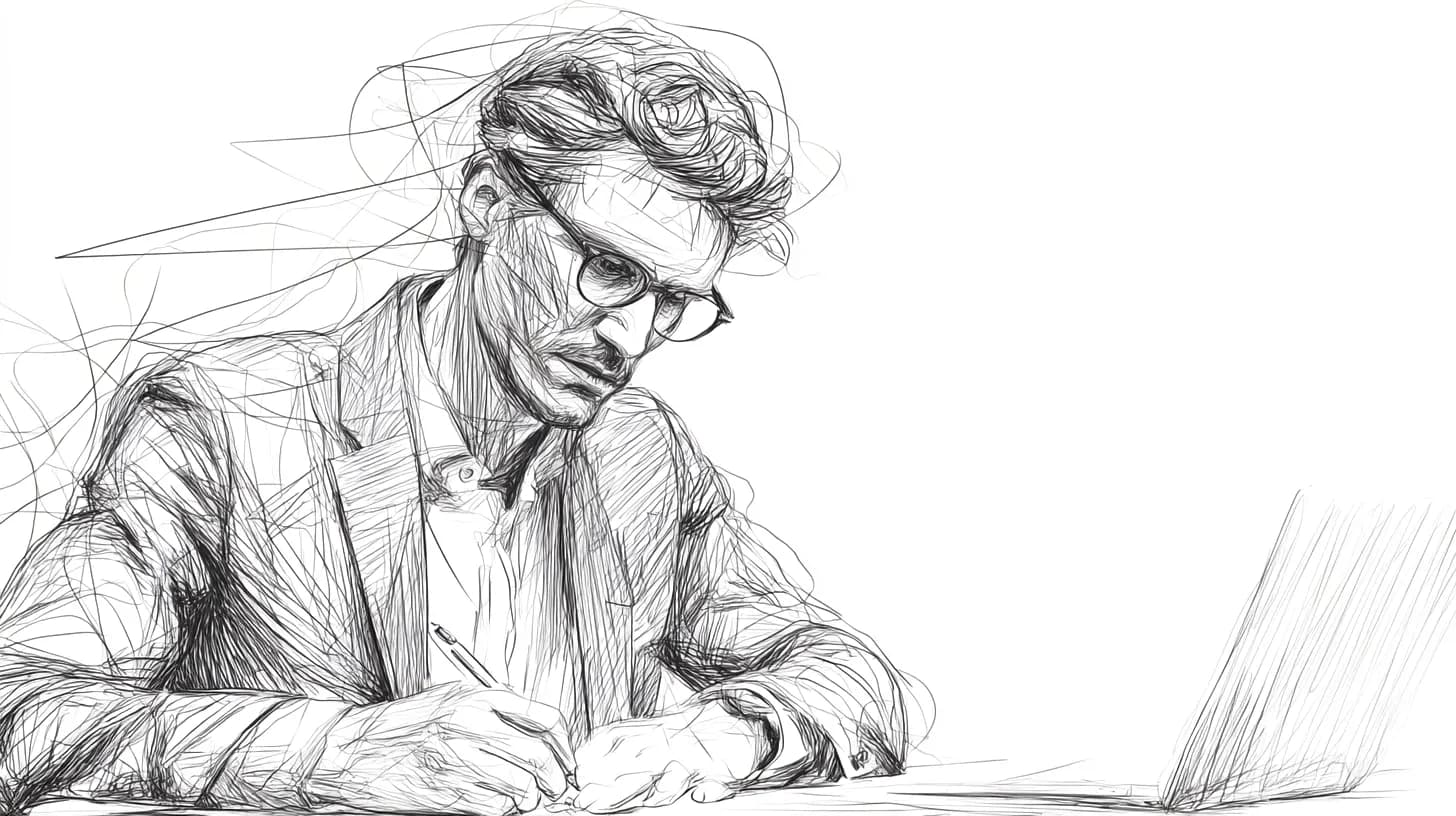 A man in glasses is writing at his desk. His laptop stays open, and he is focused on work.