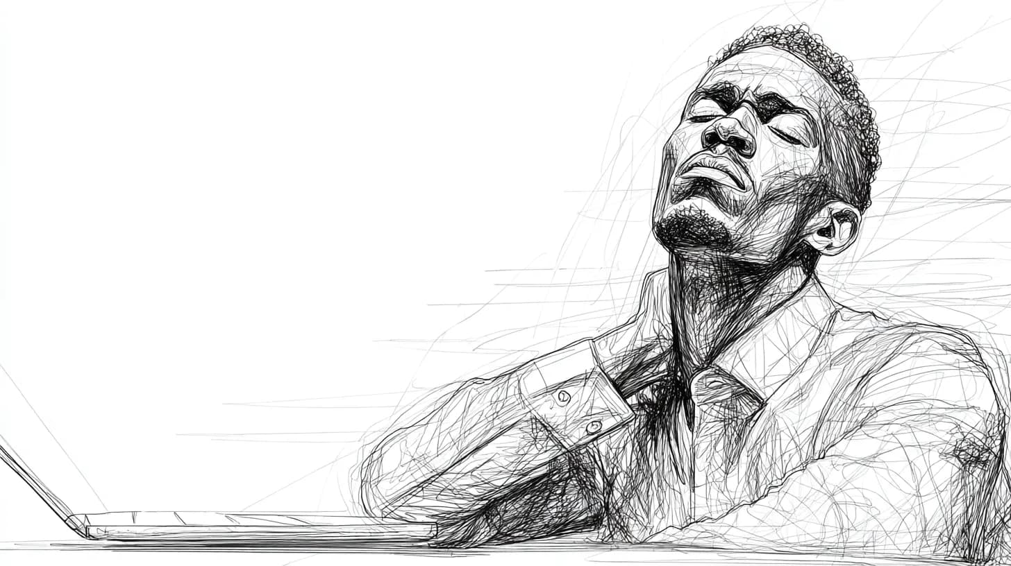 A man is at his work desk. He has a laptop opened in front of him. His head is tilted back with eyes closed.