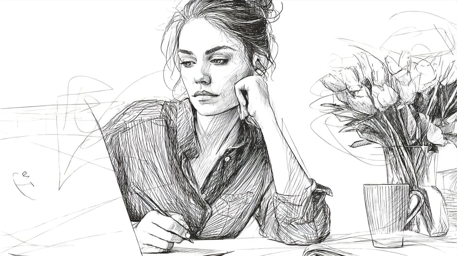 A woman is working at her desk. She is resting her chin on her hand. There are flowers and a mug on the table.