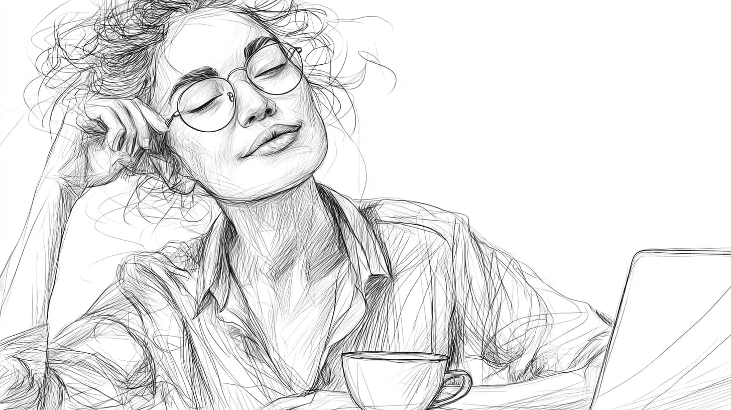 A relaxed woman with glasses, eyes closed. She's leaning on a hand near a coffee cup with a laptop. Minimalist, calm vibe.