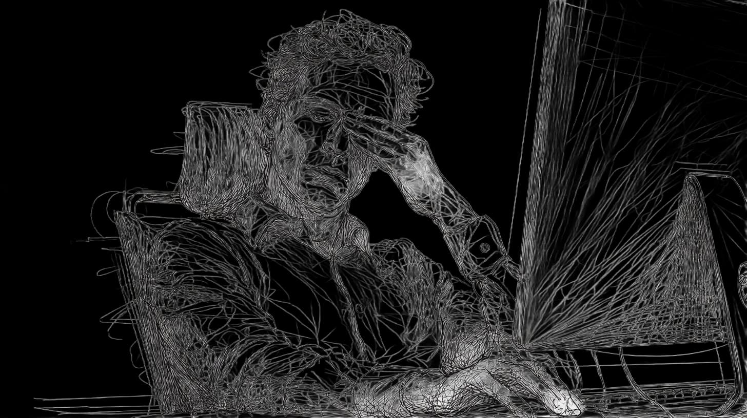 A person with tired eyes working on laptop