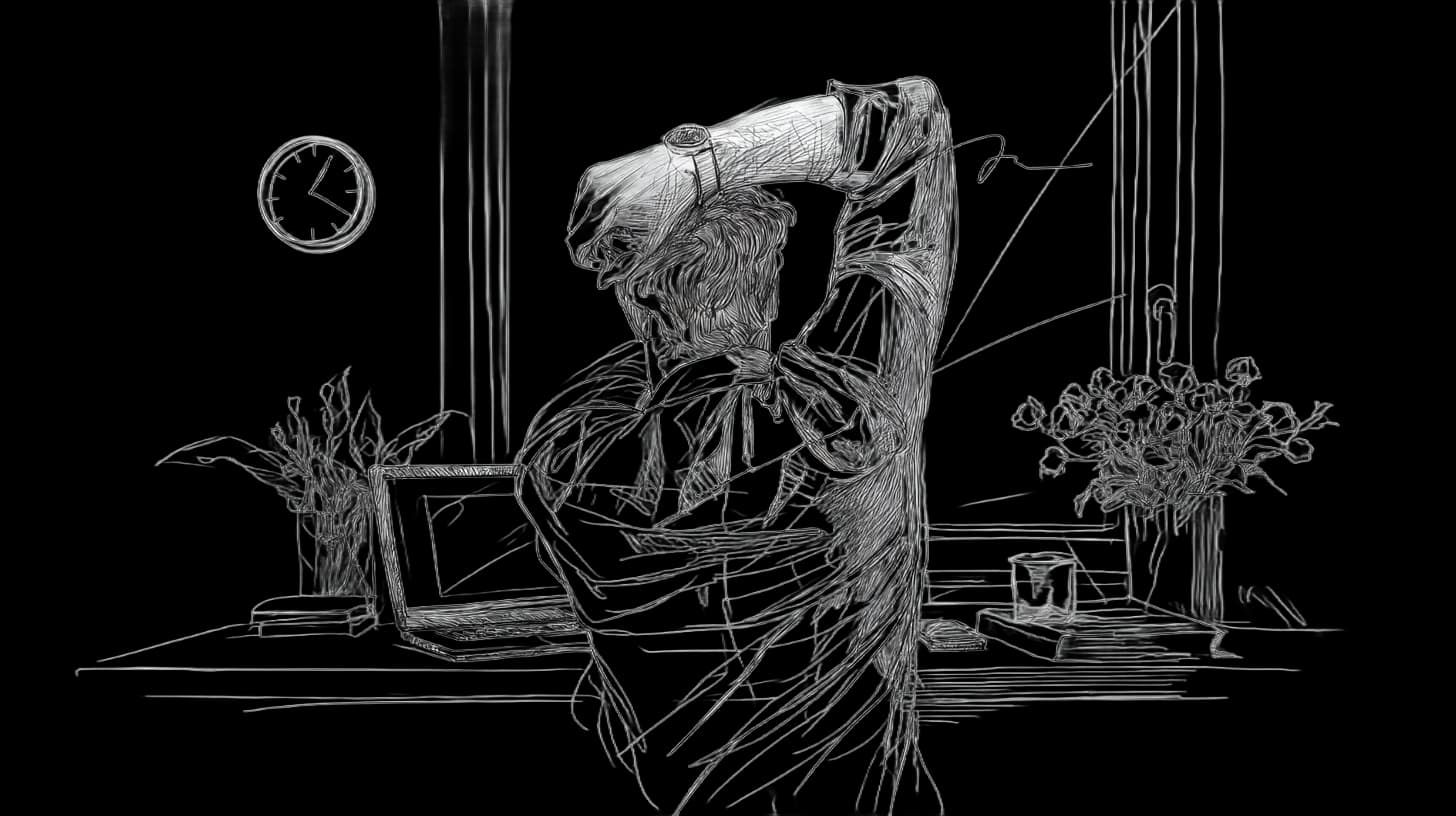 A person at the desk taking a break