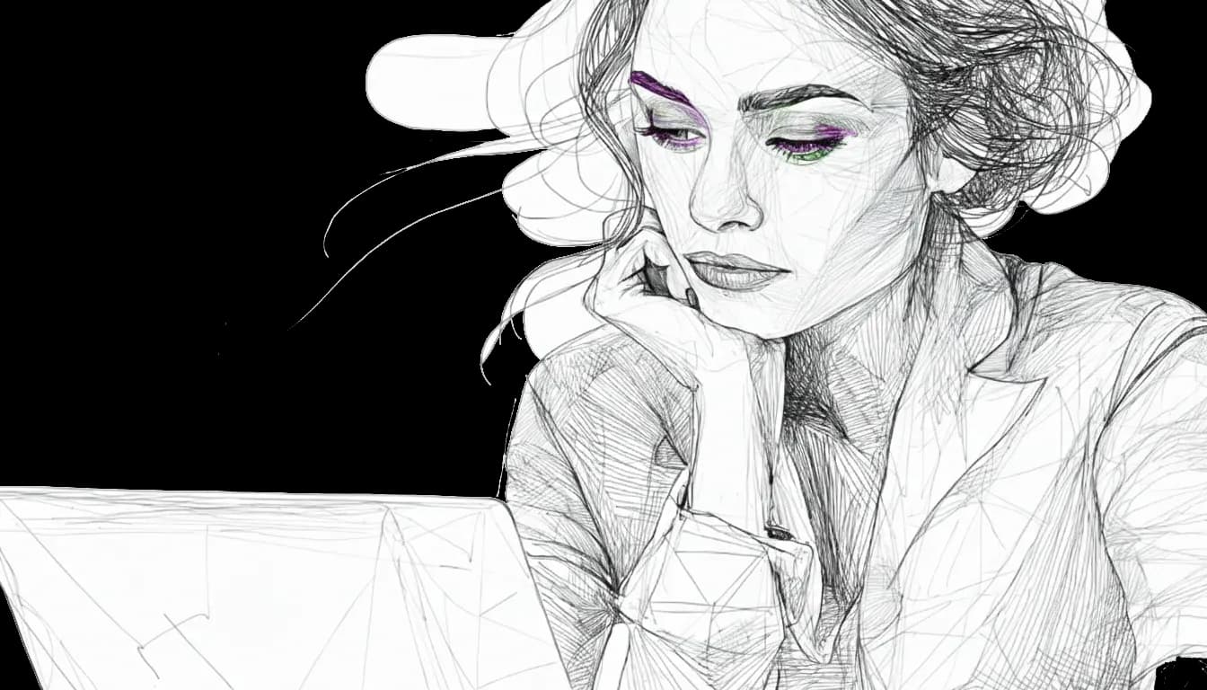 Sketch of a woman with colorful eye makeup, leaning on her hand, focused on a laptop. Her hair is loose, and the background is white.