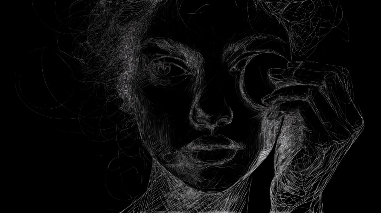 Abstract sketch of a face with a hand holding an object near one eye. The lines are white against a black background, creating a mysterious mood.