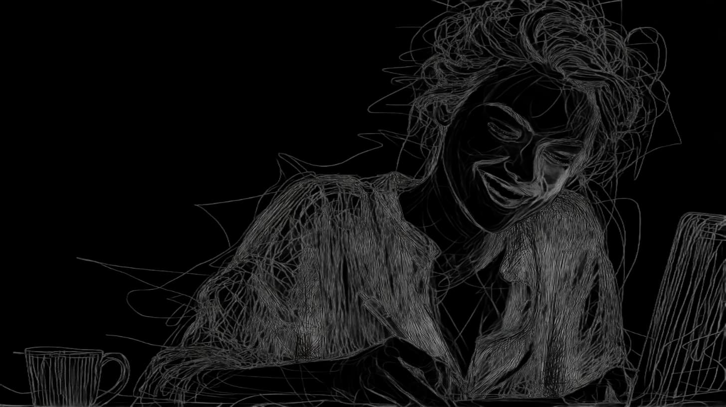 Sketch of a smiling person writing at a desk with a coffee mug nearby. Abstract lines form the scene, creating a dynamic, artistic mood.