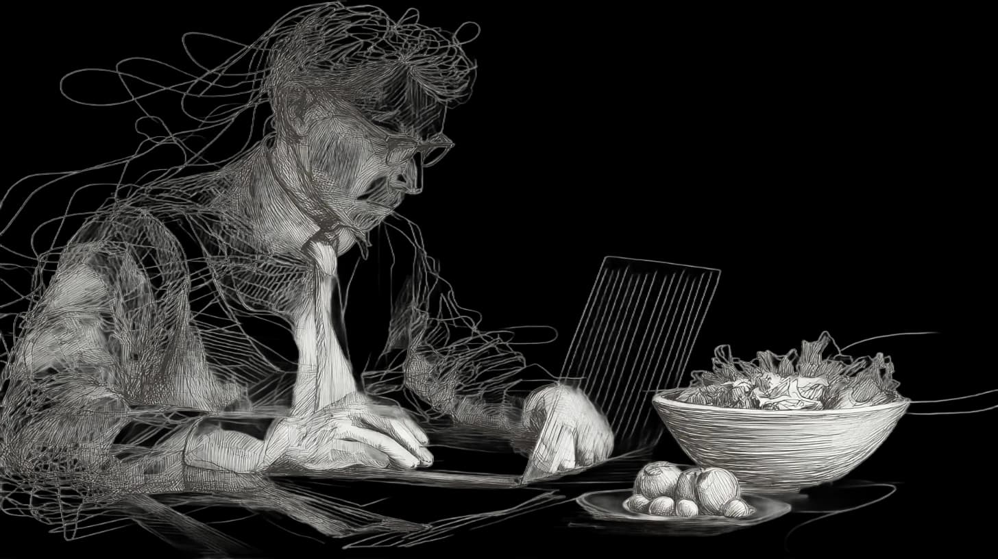 A man working at his desk and a bowl of salad and a small plate of nuts are placed near his desk.