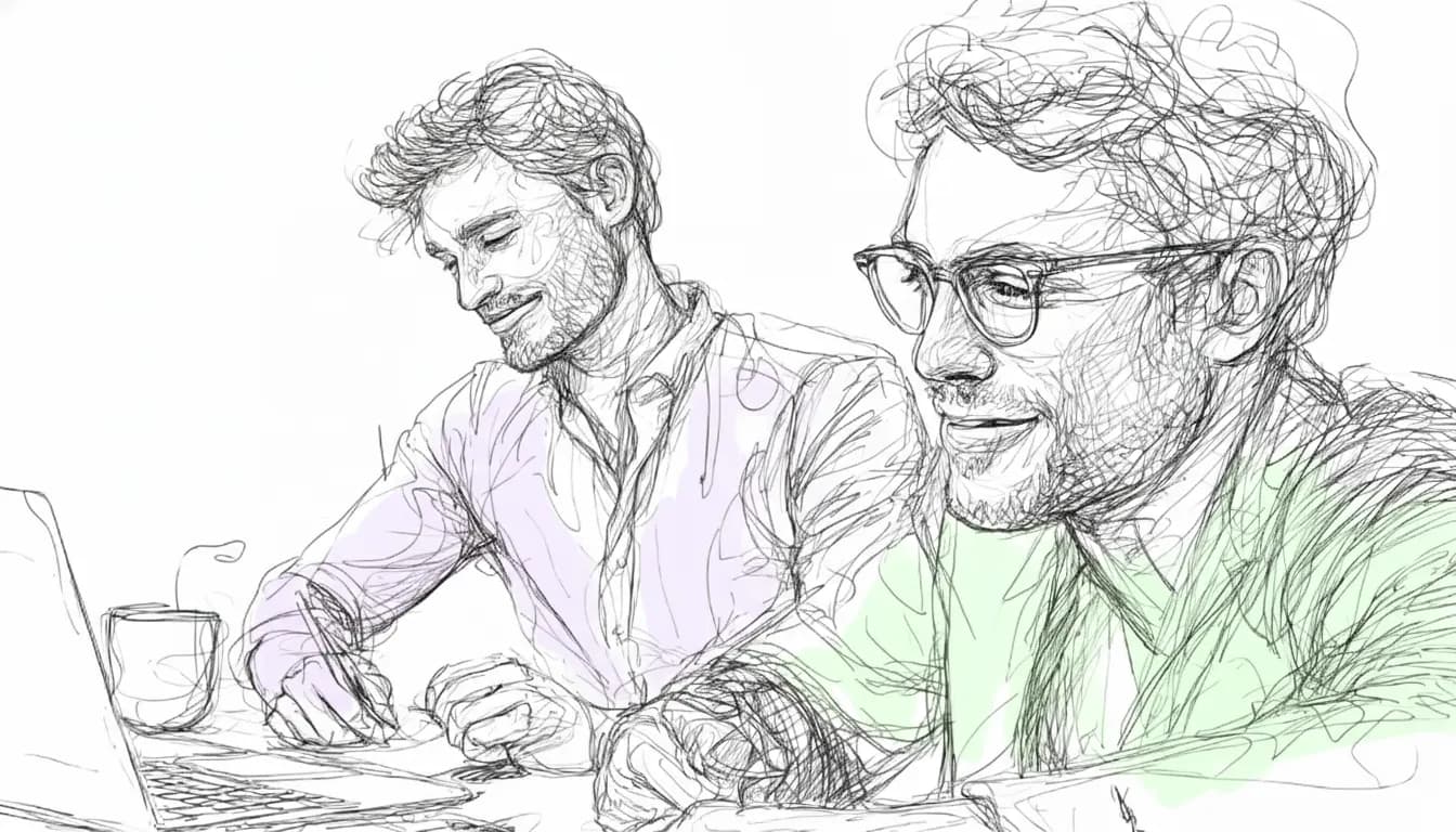 Two men sketch in pastel colors, smiling while working on laptops. A cup steams beside them, creating a relaxed, creative atmosphere.