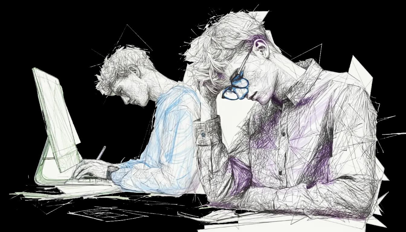 Two people sketched in pastel colors, focused and concentrated, working on computers in a minimalist setting. Mood is thoughtful.