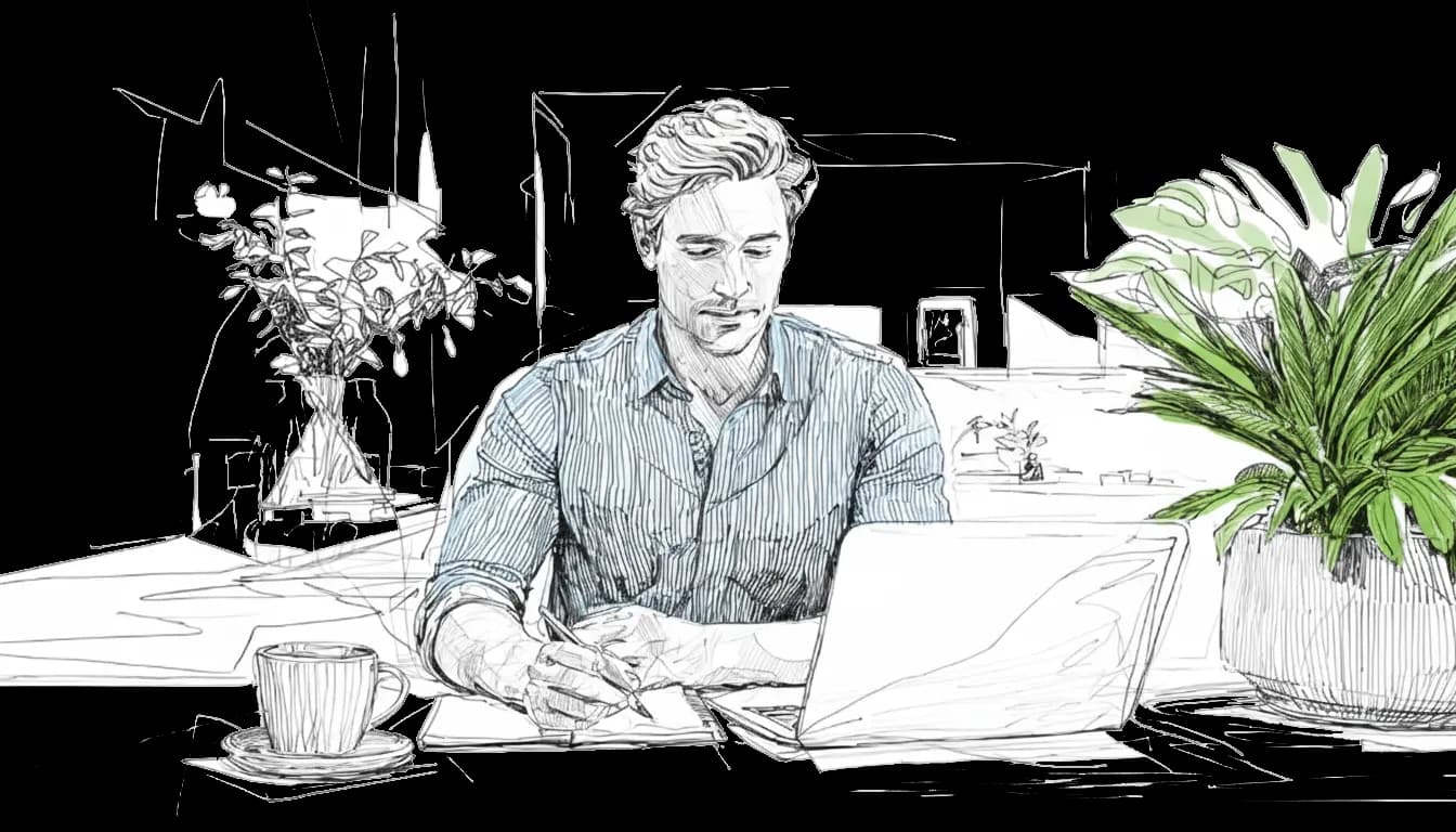 Man in a striped shirt works on a laptop in a room with plants and a cup. He's focused, surrounded by simple, linear sketch details.