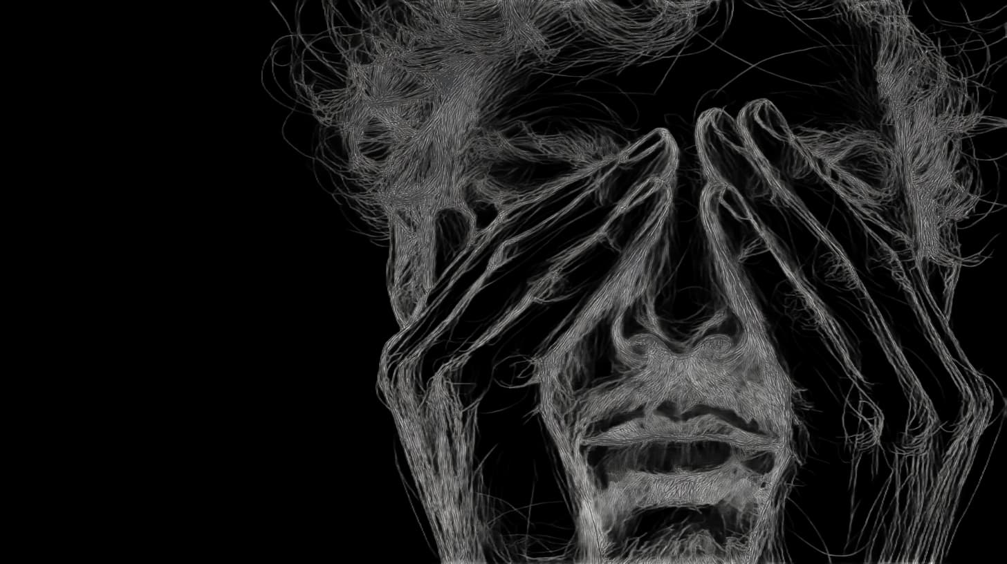 Abstract sketch of a person with hands covering their eyes, intricate swirling lines form hair and fingers, creating a mysterious, introspective mood.