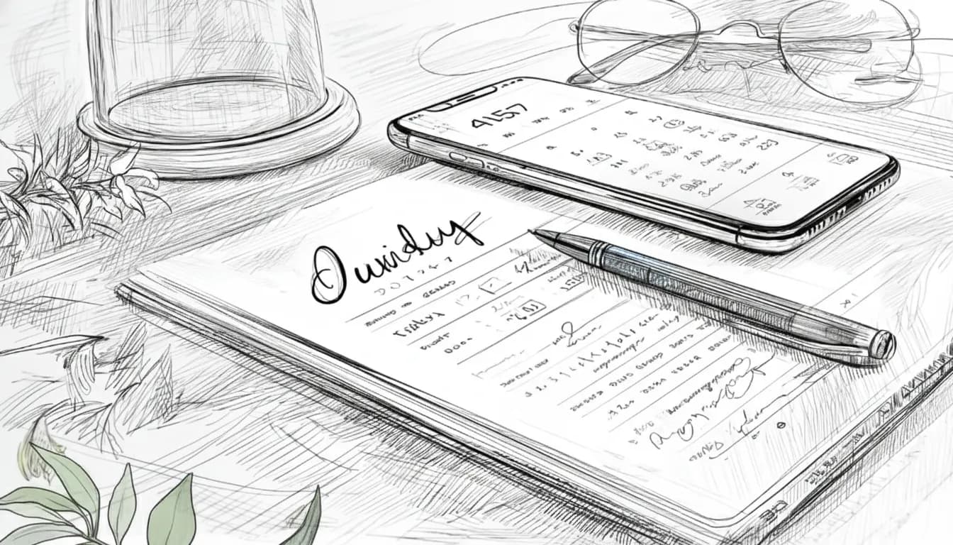 Desk with a smartphone displaying 4:57, a calendar, pen on open notebook with "Sunday" written, glasses, and foliage nearby. Sketch style.