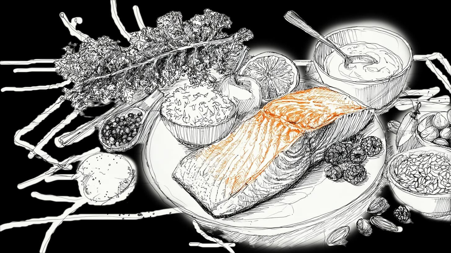 Illustrated meal with grilled salmon, kale, rice, blackberries, yogurt, and lemon on a plate. Spoon and almonds nearby. Black and white sketch.