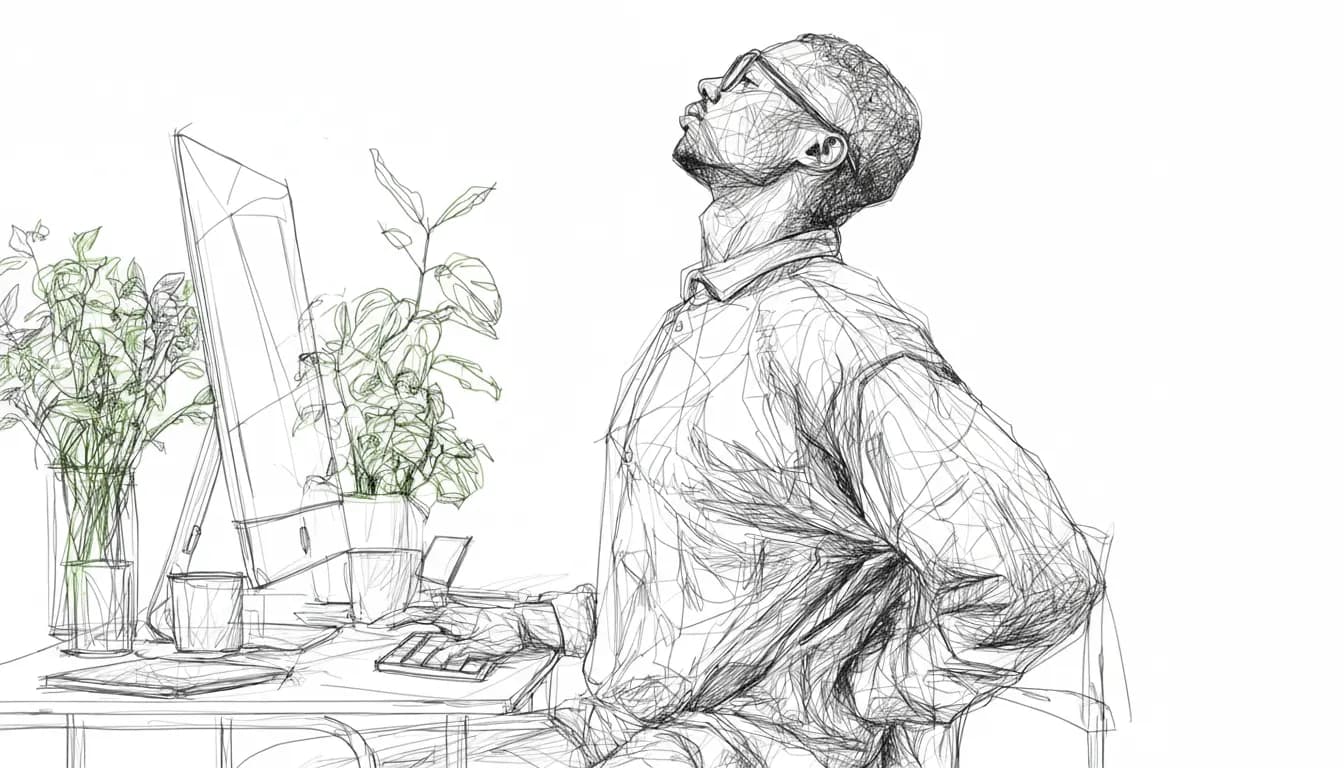 A man stretching at a desk with hand on back. Computer, keyboard, and potted plants visible.