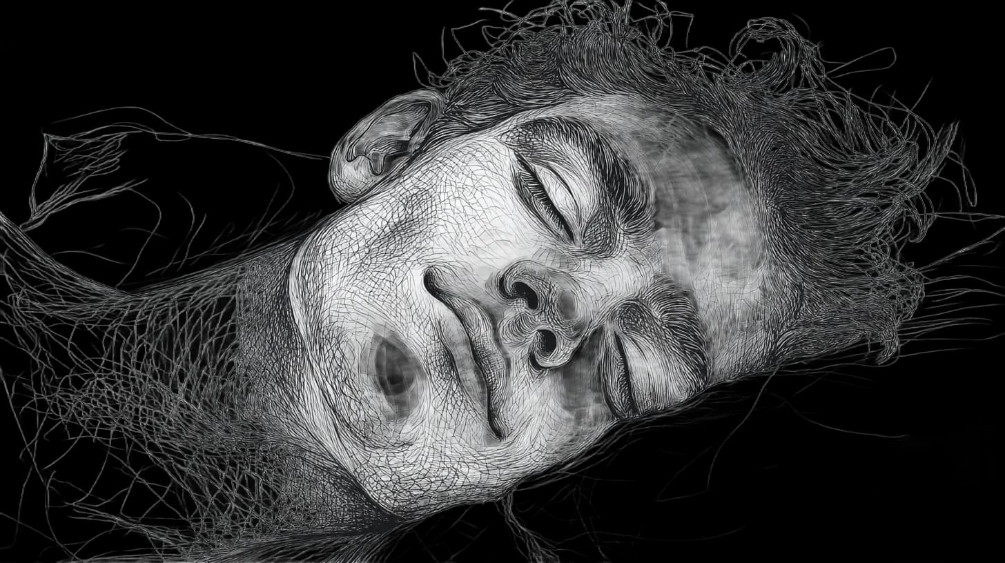 A person's relaxed face with closed eyes, lying on a pillow.