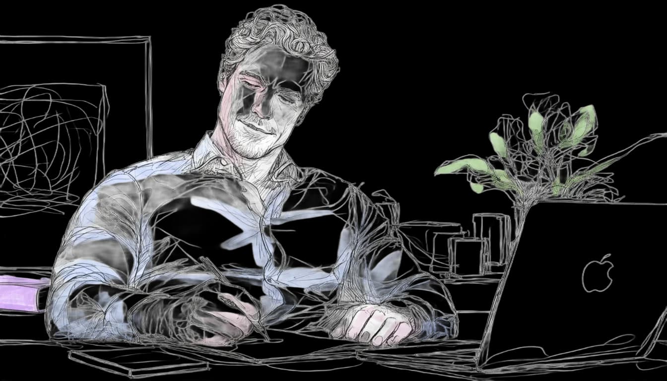 A man writing at a desk with a laptop in front of him and a plant on the side.