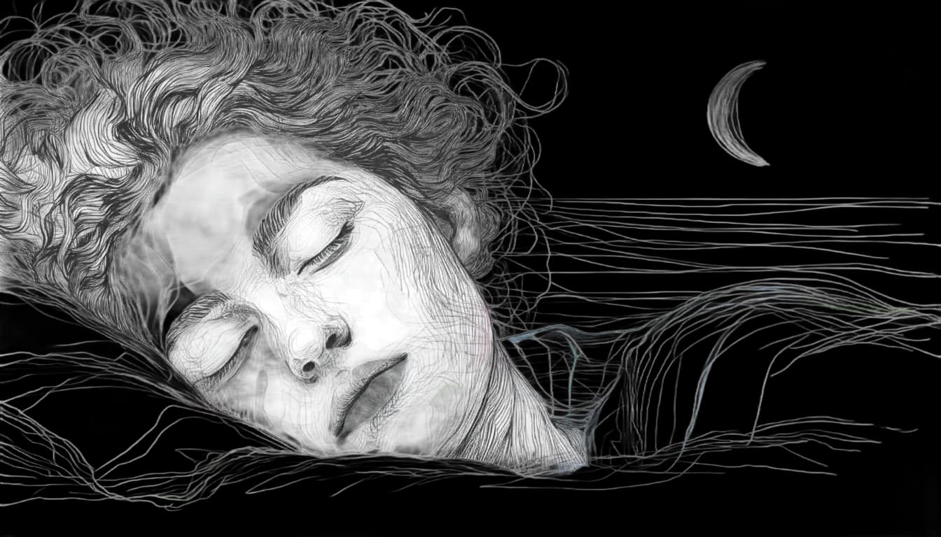 A person with curly hair sleeping peacefully.