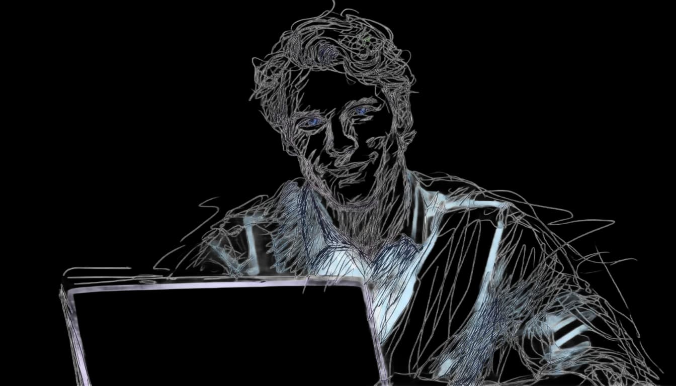 A person smiling while looking at a laptop.