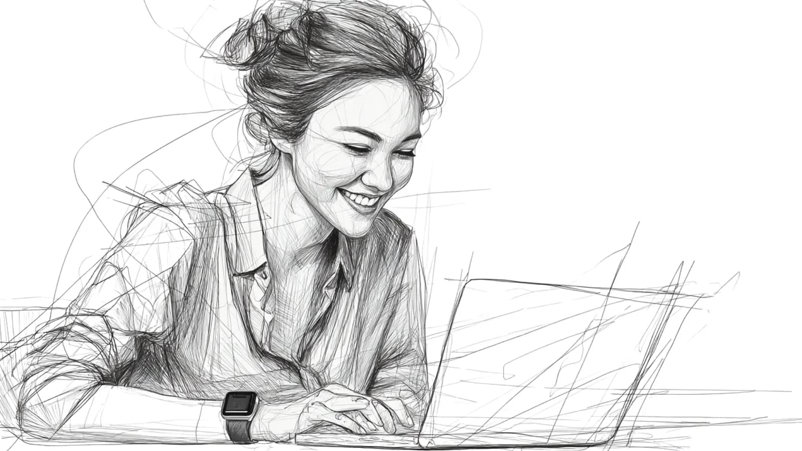 A smiling woman typing on a laptop.