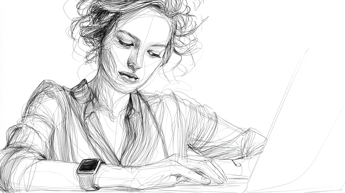 A woman is focused on a laptop at a desk, wearing a smartwatch, with loose hair and a thoughtful expression.