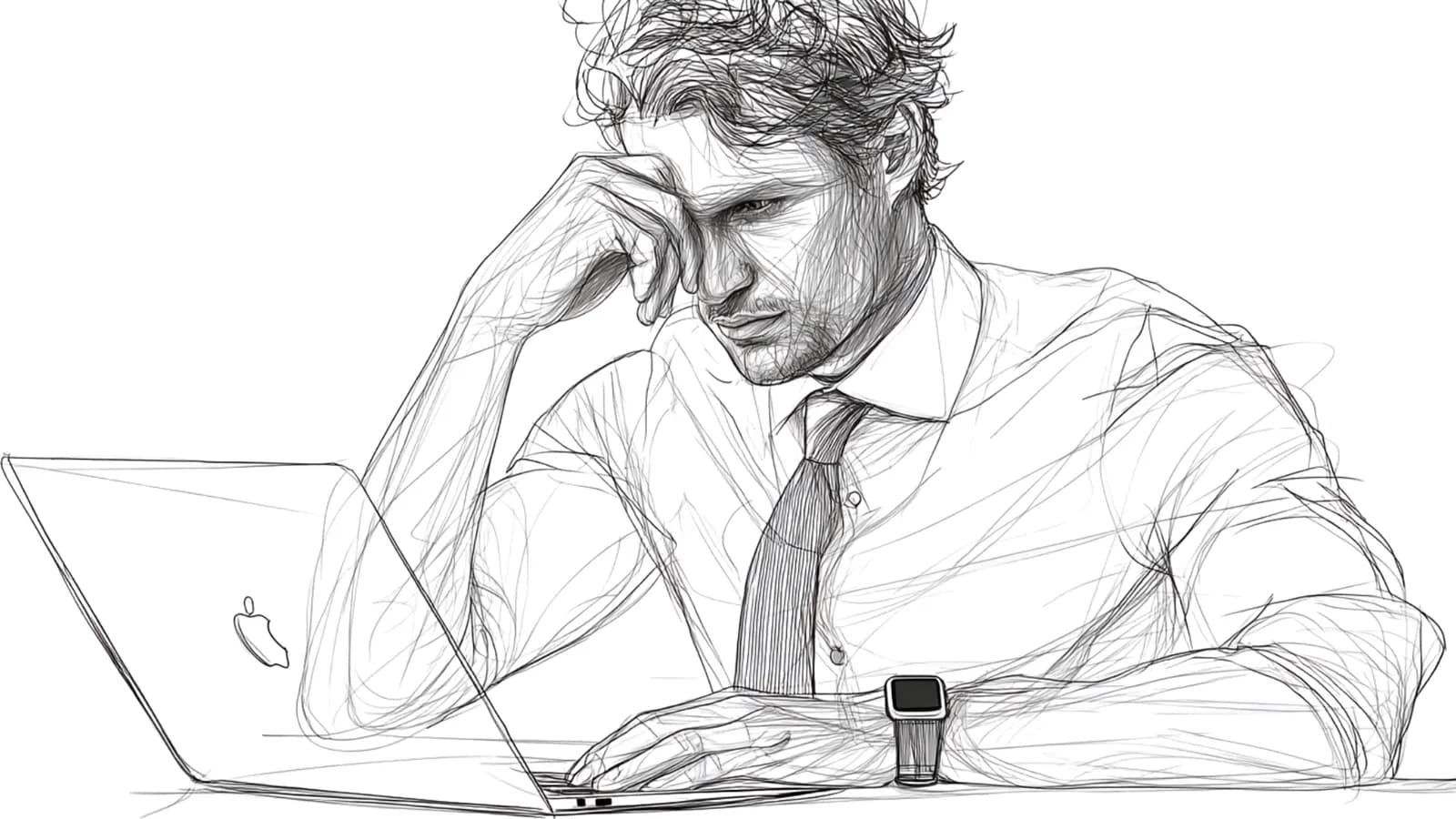 A tired man in shirt and tie leaning on his hand at a laptop, with a smartwatch on his wrist, looking stressed.