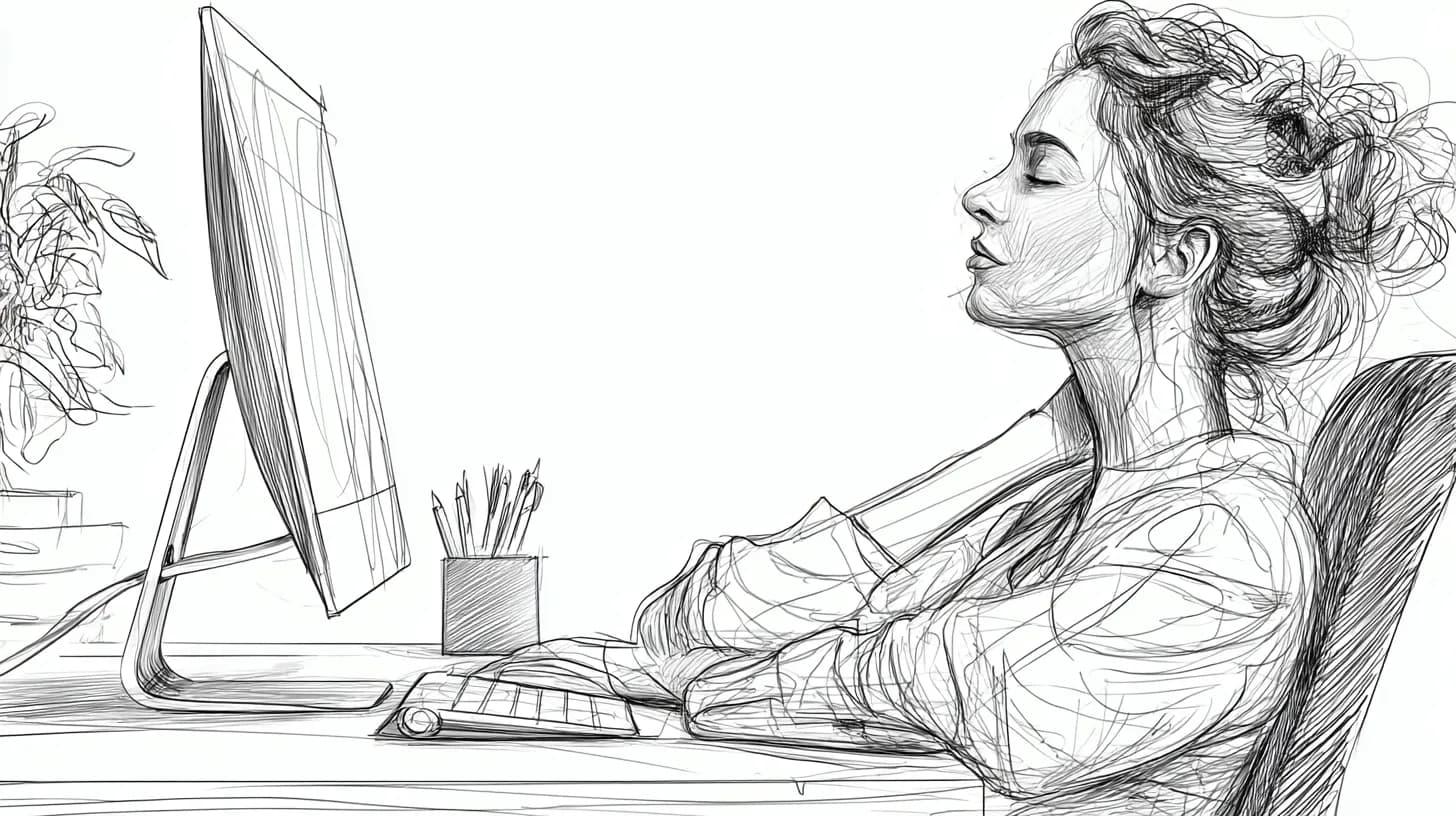 A woman is resting at a desk beside a computer, keyboard, pencils, and a plant, with a calm, reflective mood.