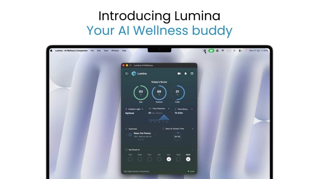 Introducing Lumina on a laptop with the AI wellness companion dashboard and today's scores