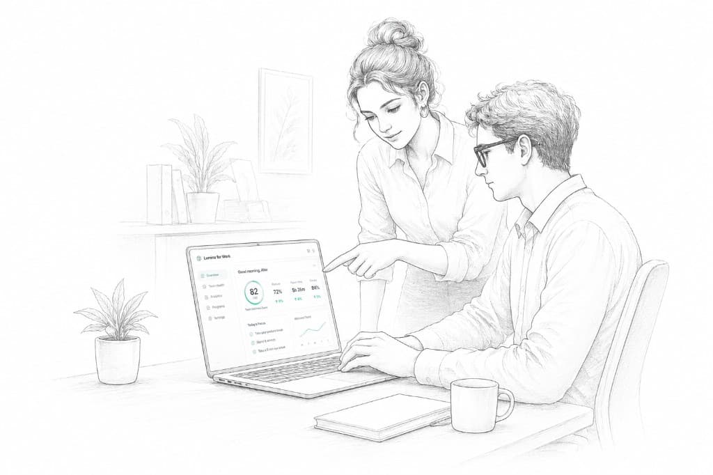 Two employees collaborating over a laptop with Lumina dashboard on screen