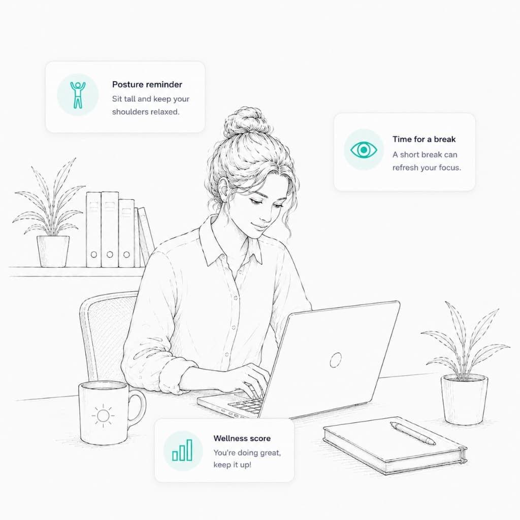 Sketch of an employee working calmly with subtle Lumina posture, break, and wellness score reminders