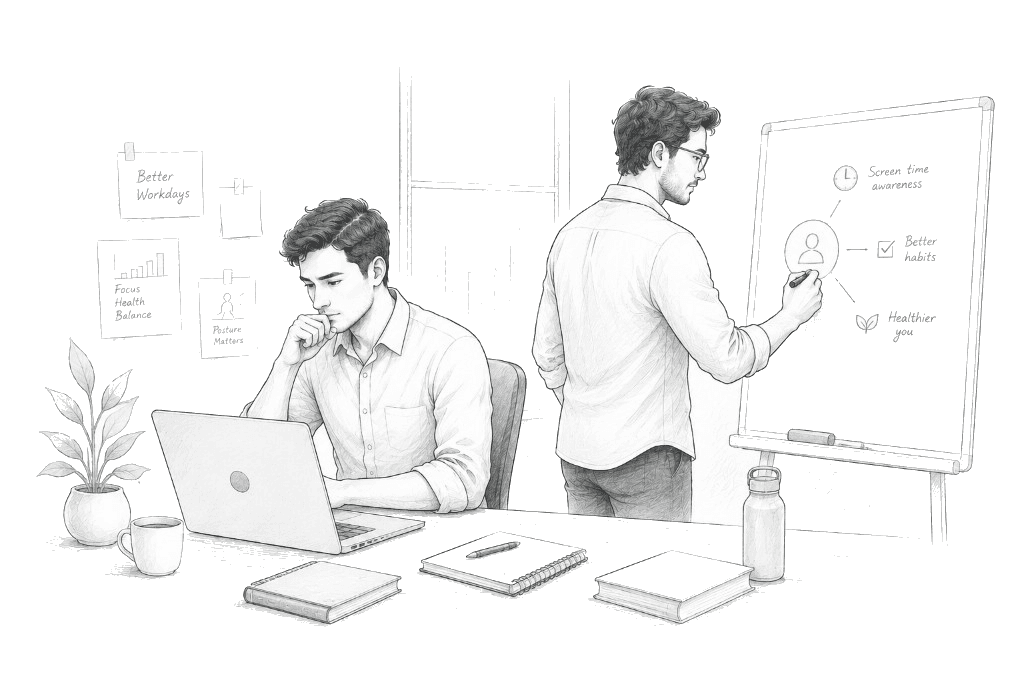 Pencil sketch of people at a workplace desk and whiteboard, reflecting screen-heavy work and healthier workday habits