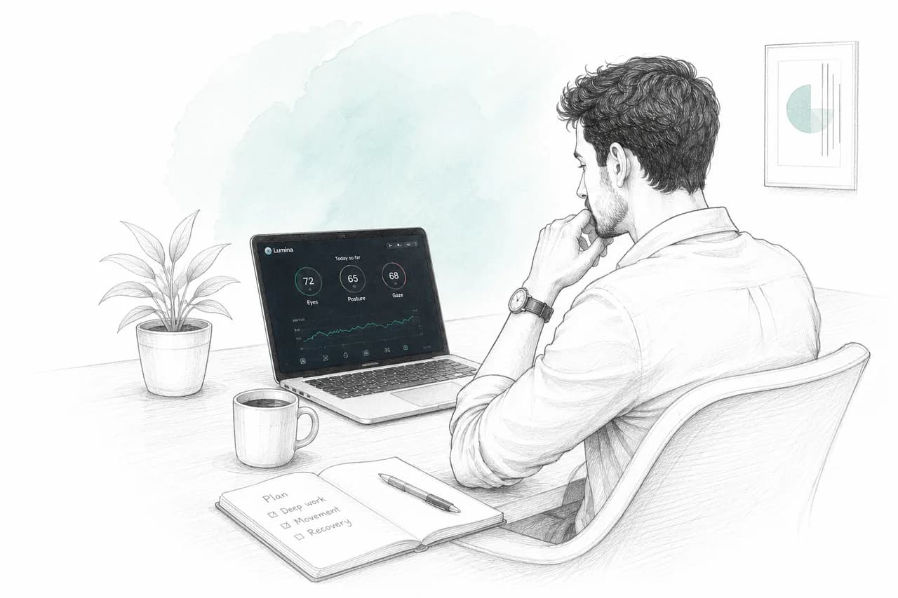 Pencil sketch of a professional at a calm desk with Lumina open on a laptop