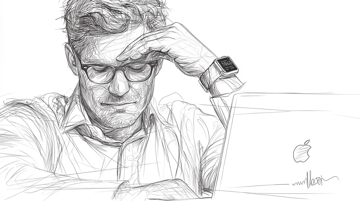 A stressed man with glasses and smartwatch, hand on forehead, staring at an Apple laptop.