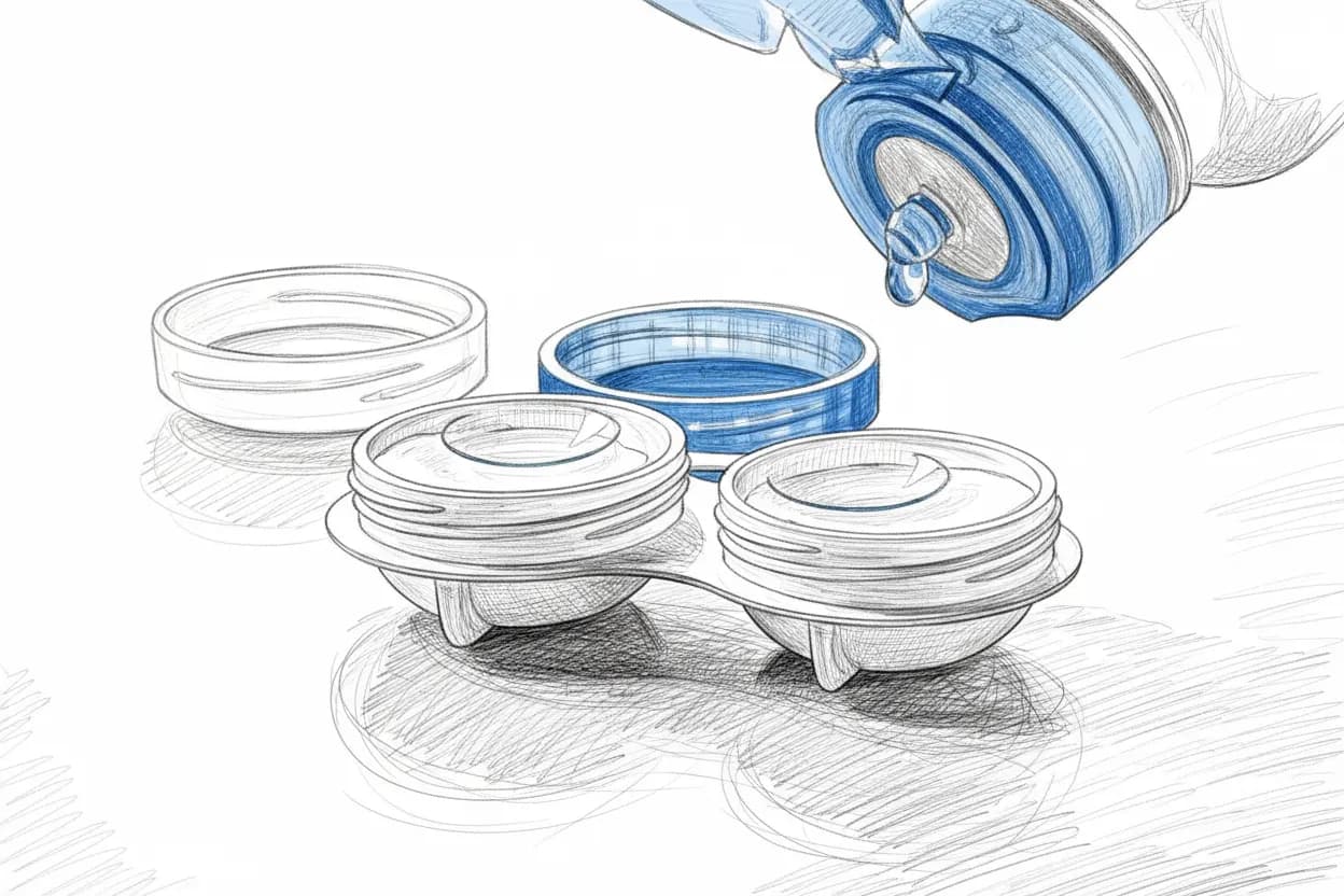 Drawing of a contact lens case with open lids. A blue solution bottle drips liquid into the case against a white background.