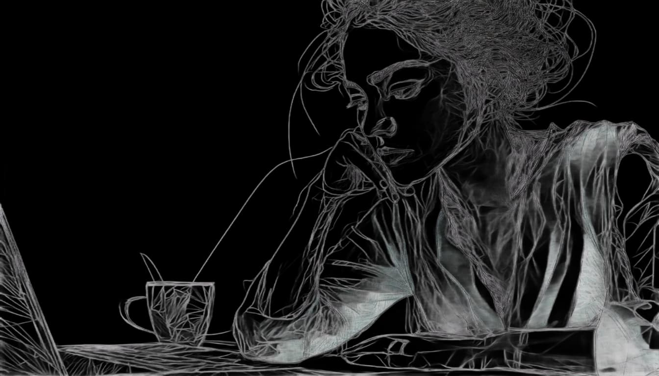 A woman gazing at a laptop, hand under chin. A mug sits beside her.
