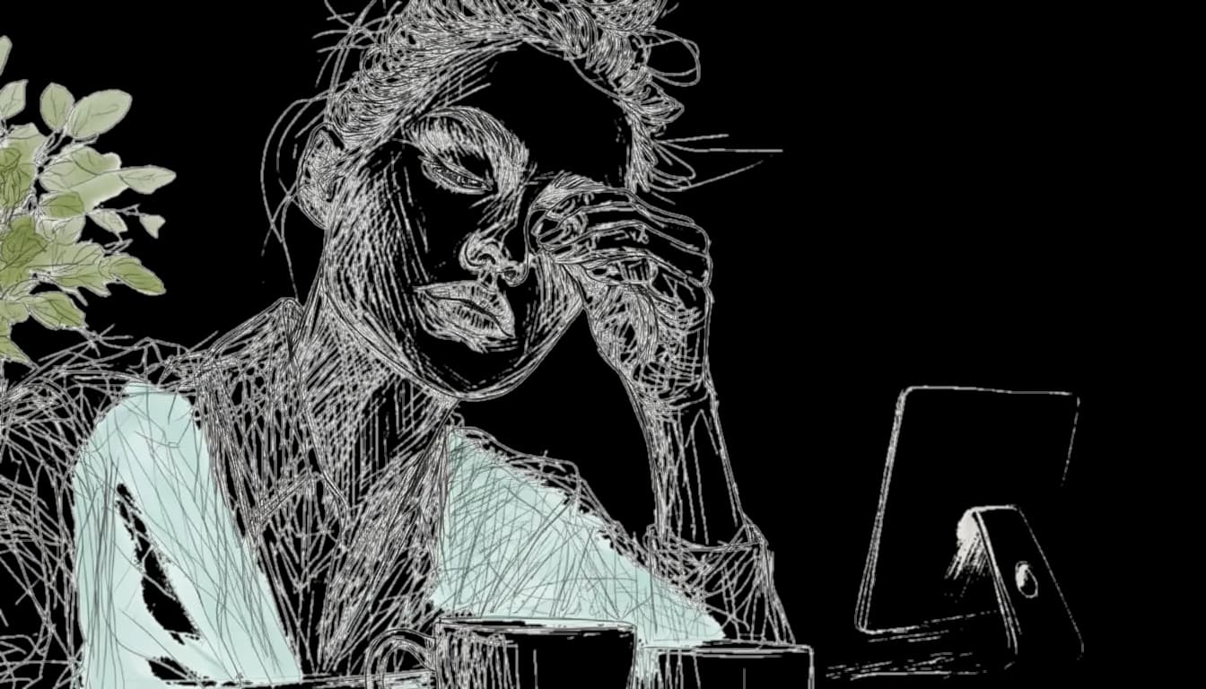 A sketched figure rests their head on a hand near a tablet, appearing tired. Green leaves in the background add a natural touch.