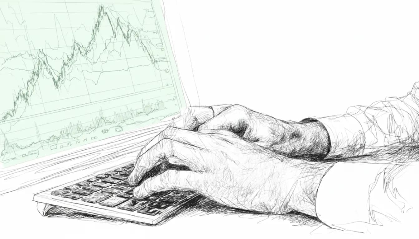 Hands typing on a keyboard and computer screen displaying graphs