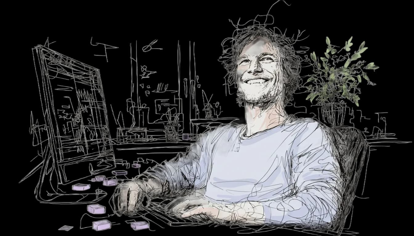 Smiling person in blue shirt at a desk with a keyboard. Background shows a plant and computer screen.