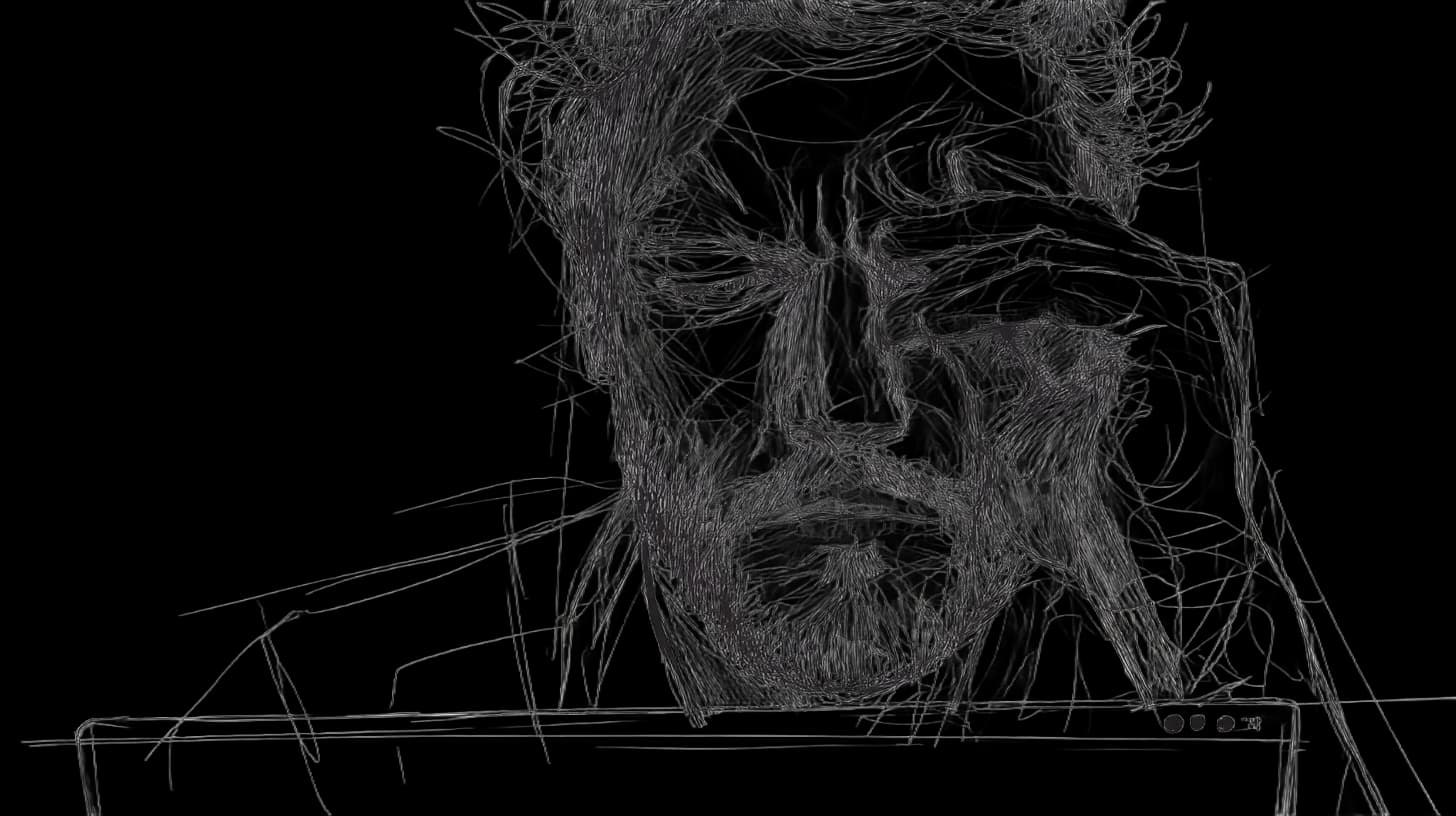 A person with tired eyes, working on screen.