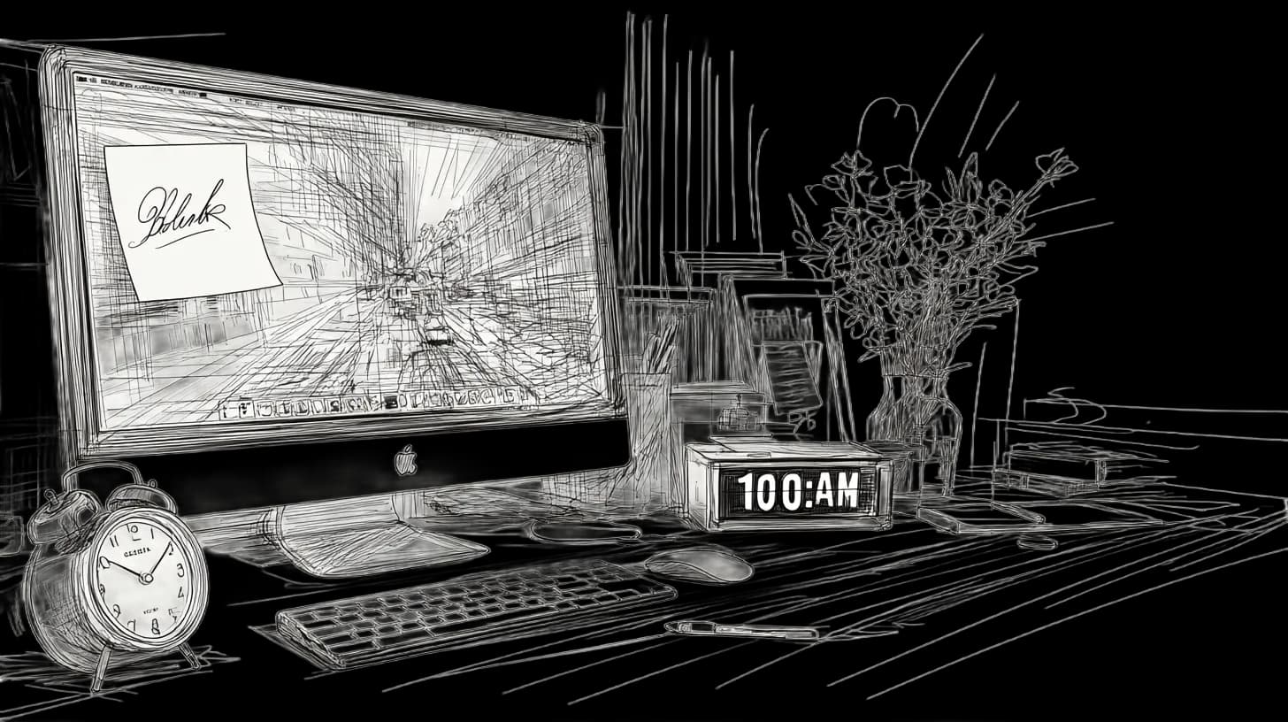 Black and white sketch of a cluttered desk with a computer, clock showing 10:00 AM, flowers in a vase, and a sticky note on the screen.