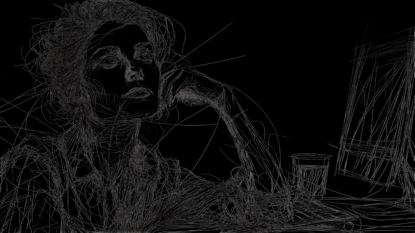 Sketch of a thoughtful person on the phone, surrounded by chaotic lines. A coffee cup and computer in the background suggest a busy setting.