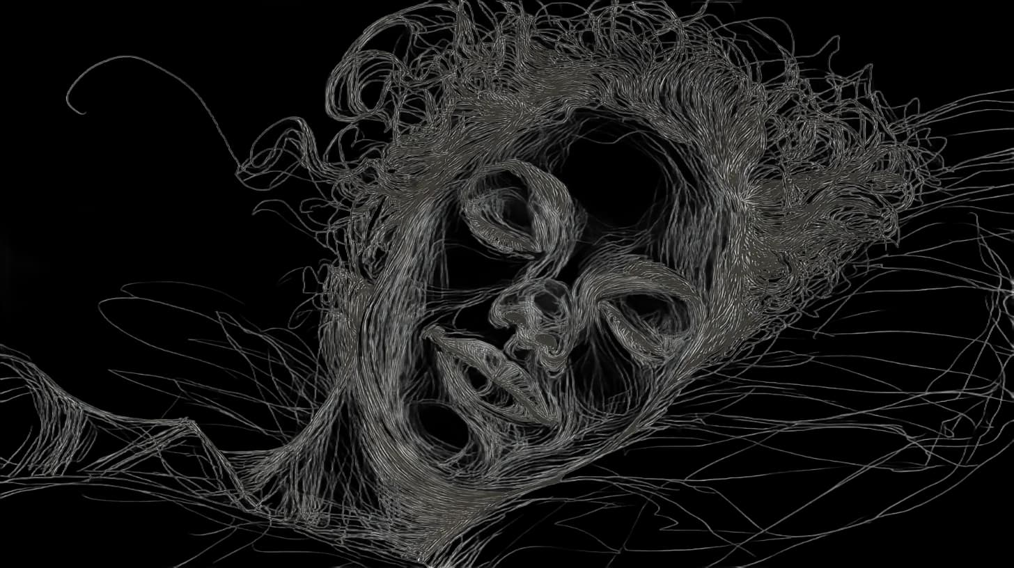 Illustrated face of a person with closed eyes, surrounded by flowing lines resembling hair on a black background. The mood is tranquil.