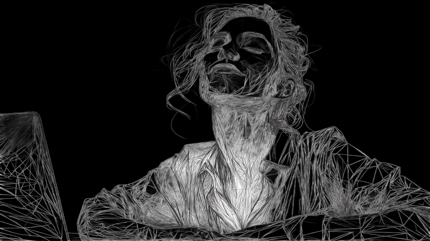 Artistic sketch of a woman with closed eyes and serene expression, head tilted back. Intricate line patterns form her hair and shirt.