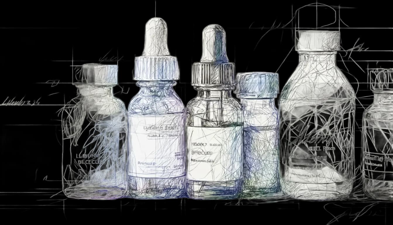 Six eye drop bottles with labels