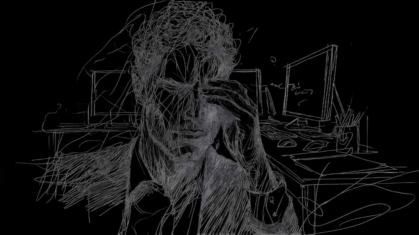 A tired-looking person holding their head, sitting in front of computer screens.