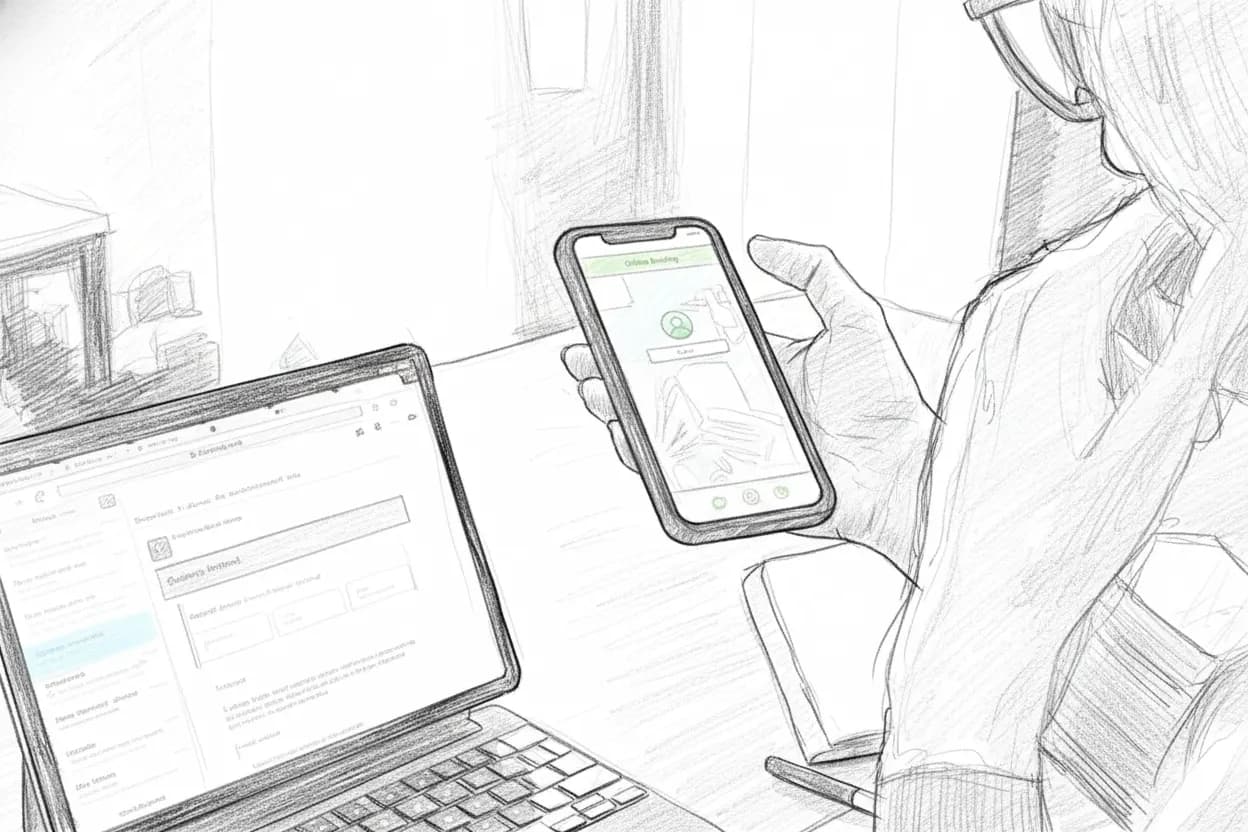 Person holding a smartphone. A Laptop is open in front of them.
