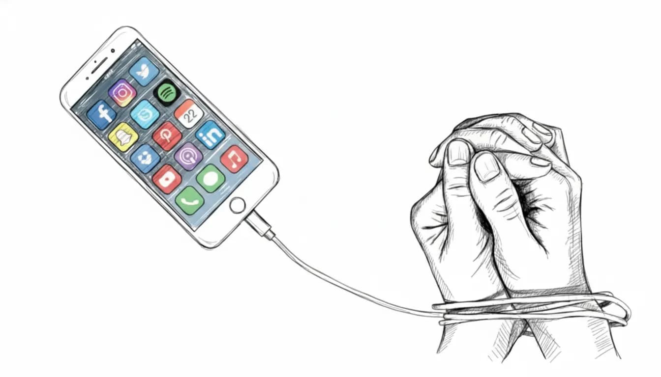 Illustration of hands tied with a phone cord, connected to a smartphone displaying social media icons. Suggests digital dependency.
