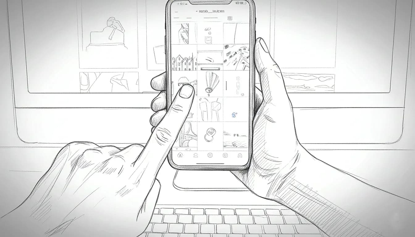 Hand holding phone, scrolling through social media on screen. Sketch style with a computer monitor and keyboard in the background. Monochrome.