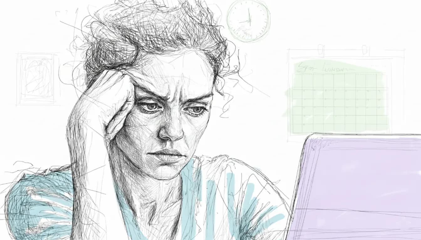 Woman sketched in pencil, looking stressed at a purple laptop. Clock and calendar in the background; wearing a blue top.