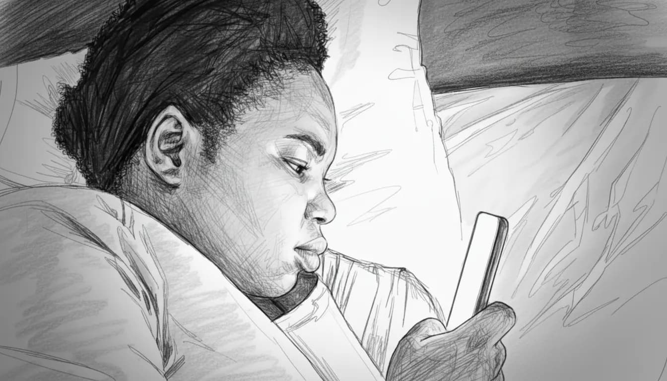 Sketch of a person in bed, intently looking at a smartphone. Monochrome tones create a calm, introspective mood.