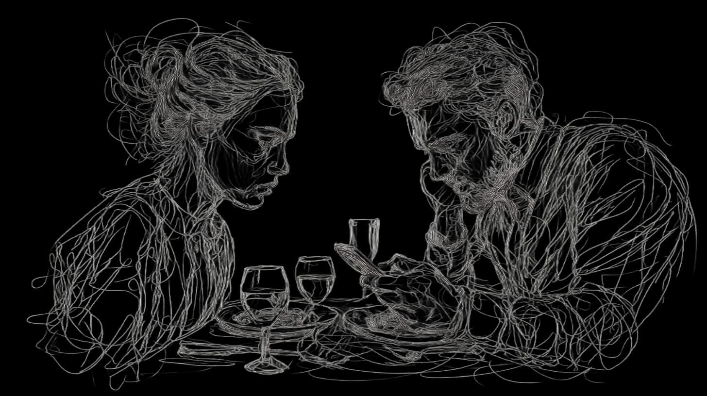 Abstract sketch of two people at a table, focused on phones, glasses nearby. The lines intertwine, creating a tense, disconnected atmosphere.