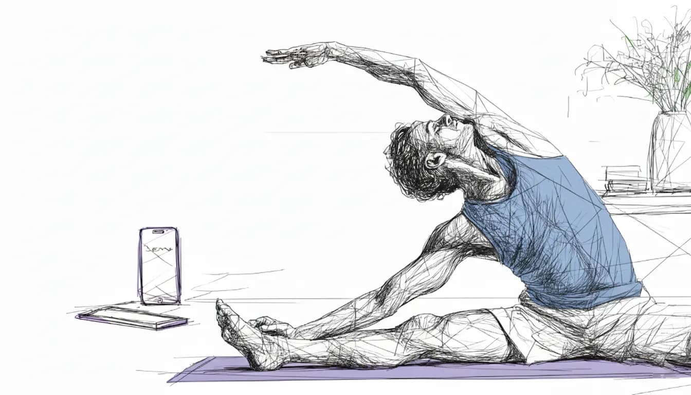 Man in blue tank top doing a side stretch on a yoga mat. A phone and books are nearby. Background shows a vase with flowers. Sketch style.